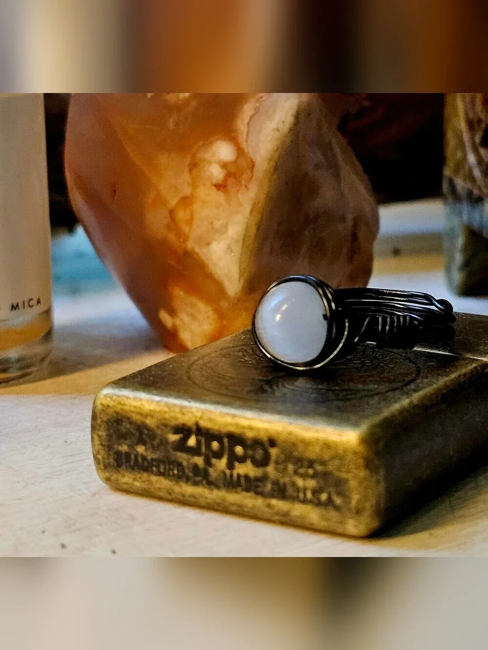 Black Aluminum Wire-Wrap Cat Eye Stone Ring